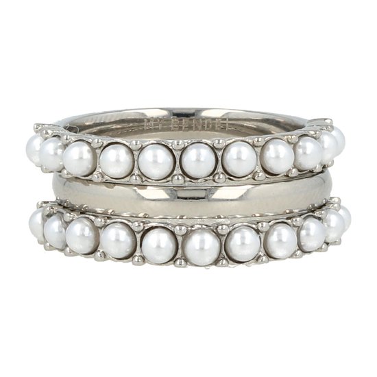 My Bendel - Zilverkleurige ringenset met witte parels - Elegante ringenset in het zilverkleurig met witte parels en een gladde aanschuifring - Met luxe cadeauverpakking