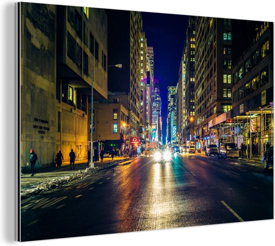 Wanddecoratie Metaal - Aluminium Schilderij Industrieel - New York - Taxi - Nacht - 60x40 cm - Dibond - Foto op aluminium - Industriële muurdecoratie - Voor de woonkamer/slaapkamer