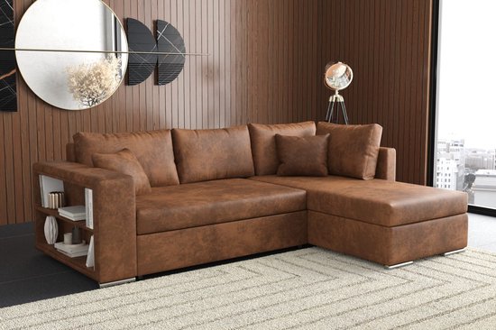 canapé d'angle johny L - tissu microfibre cognac - avec lit et rangements - salon d'angle johny - sièges et lits