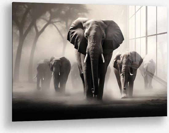 Wallfield™ - Famille Elephant II | Peinture sur verre | Verre trempé | 60 x 90 cm | Système de suspension magnétique