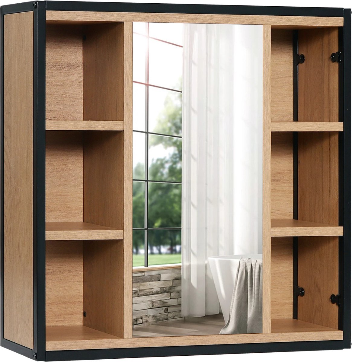 Relaxdays Mirror Cabinet Bamboo, 2 Doors, Hanging Bathroom Cabinet, Wooden Toilet Cabinet, HBD: 50 x 65 x 14 cm, Natural Colour