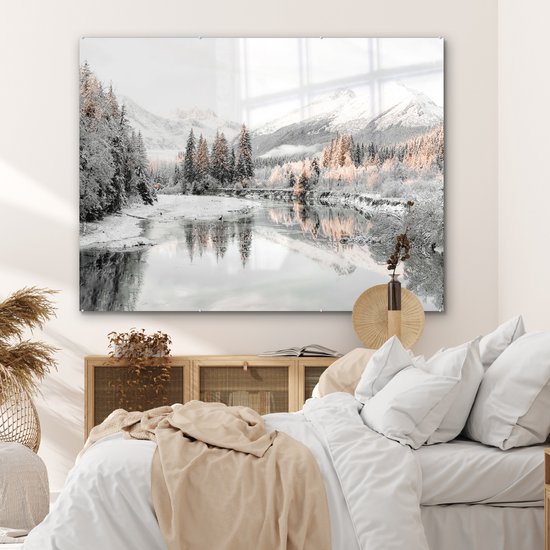 MuchoWow® Peinture sur verre 160x120 cm - Peinture sur verre acrylique - Nature - Hiver - Arbres - Montagnes - Neige - Photo sur verre - Peintures
