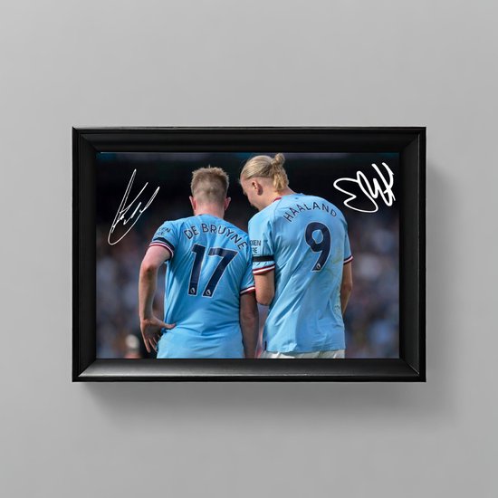 Kevin de Bruyne et Erling Haaland Art – Signature imprimée – 10 x 15 cm – Dans un cadre Zwart Classique – Manchester City – Voetbal