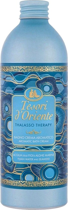 Blauwe fles Tesori d'Oriente Thalasso Therapy met gouden print, op witte achtergrond.