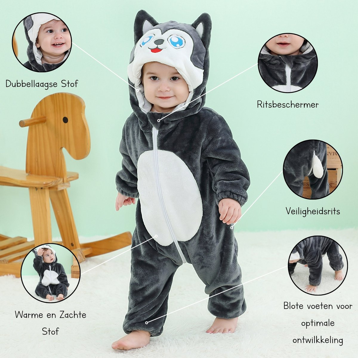 JAXY Baby Onesie - Baby Rompertjes - Baby Pyjama - Baby Pakje - Baby Verkleedkleding - Baby Kostuum - Baby Winterpak - Baby Romper - Baby Skipak - Baby Carnavalskleding - EU (label 110) - Husky — afbeelding 6