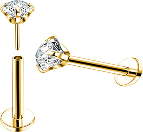 Gouden labret piercing met helder steentje en losse stang.