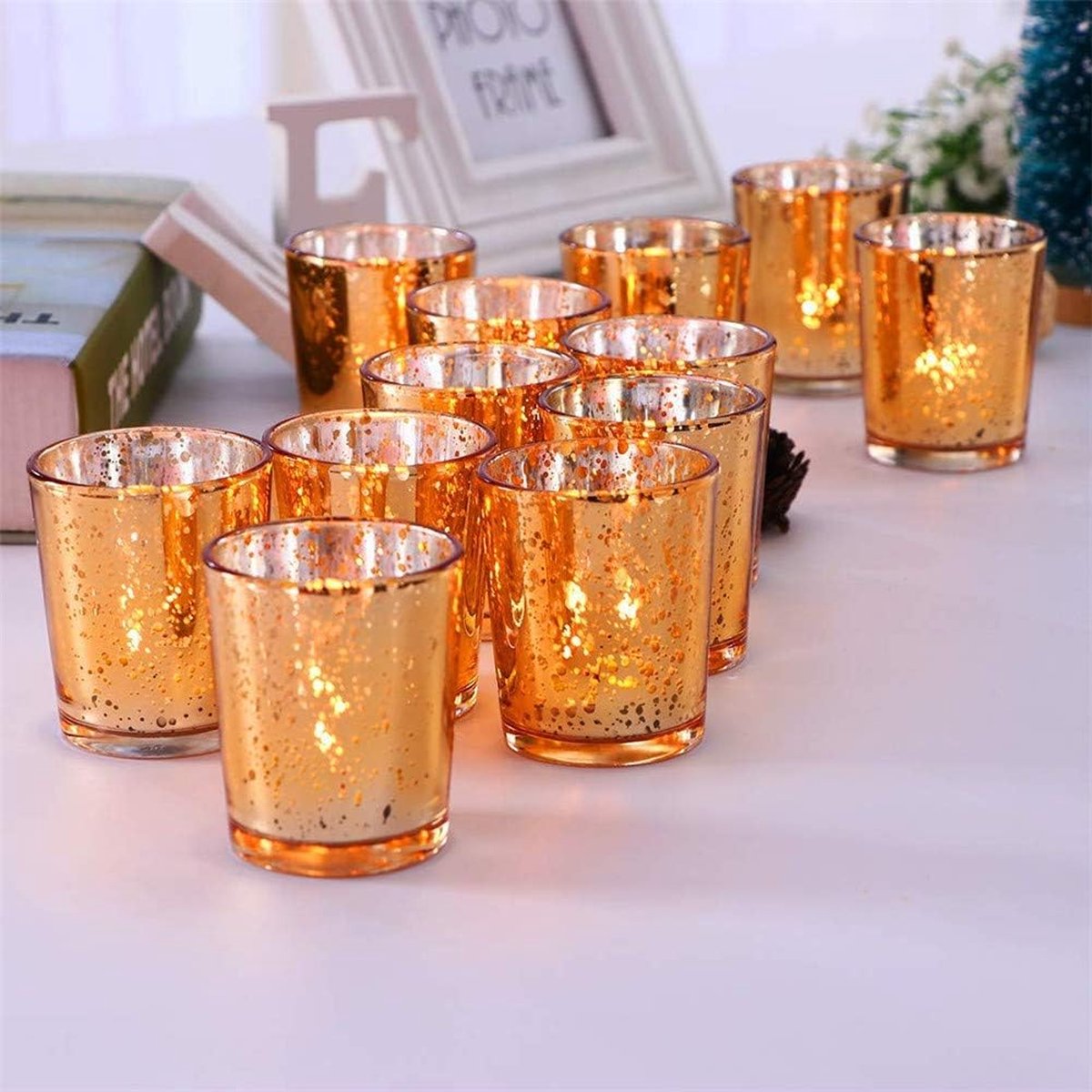 Volens Lot de 12 bougeoirs ronds dorés en verre mercure pour décoration de mariage et décoration d'intérieur