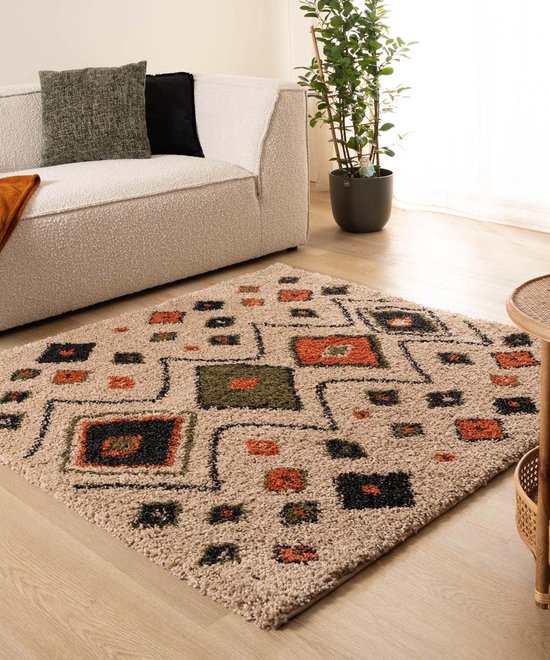 Tapis carré à poils longs bohème Artisan - beige/multi 240x240 cm