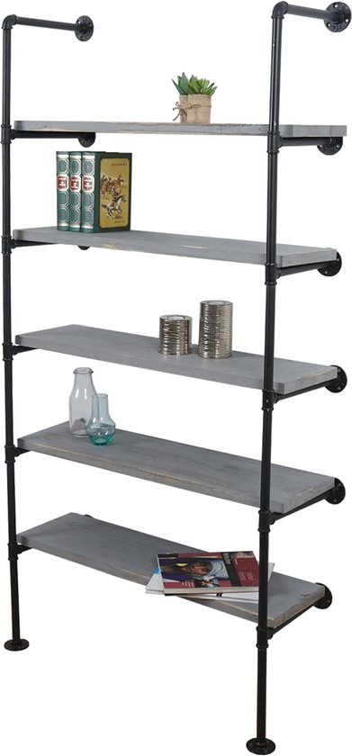 Cosmo Casa Staande Plank - Woonplank - Boekenkast - Opbergplank - Industrieel Ontwerp - Hout - Metaal - 165x80x28cm - Grijs