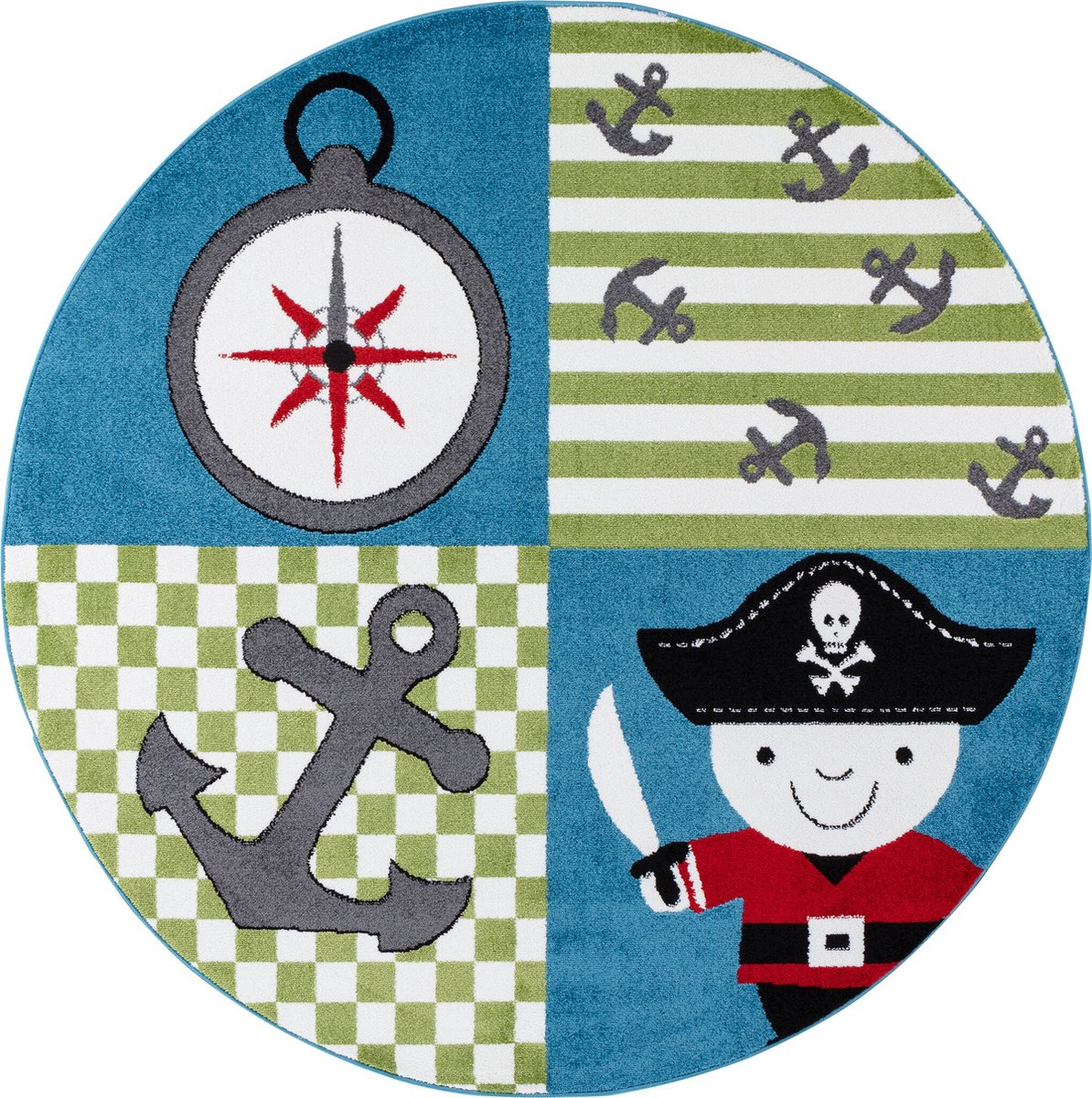 flycarpets Flycarpets - Kids Kinderkamer Piratendesign Multi Vloerkleed Rond - 80x150 cm Blauw