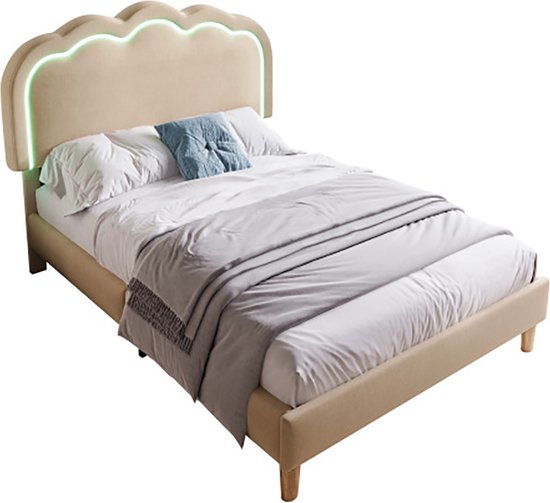 Sweiko gestoffeerd bed LED eenpersoonsbed 90 x 190 cm, bedombouw met lattenbodem en verstelbaar hoofdeinde, gestoffeerd bed in beige, bedombouw jeugdbed voor slaapkamer logeerkamer linnenmateriaal