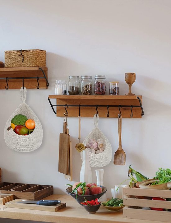 3 stuks hangende fruitmand, wandmand, handgeweven katoenen stof, hangmand, met 3 muurstickers 3 haken, mand om op te hangen, voor keuken, fruit, opslag, keuken, decoratie, woonkamer, slaapkamer