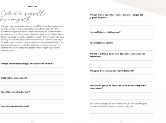 Pagina met vragen over zelfontwikkeling, succes, dromen en doelen voor de toekomst.