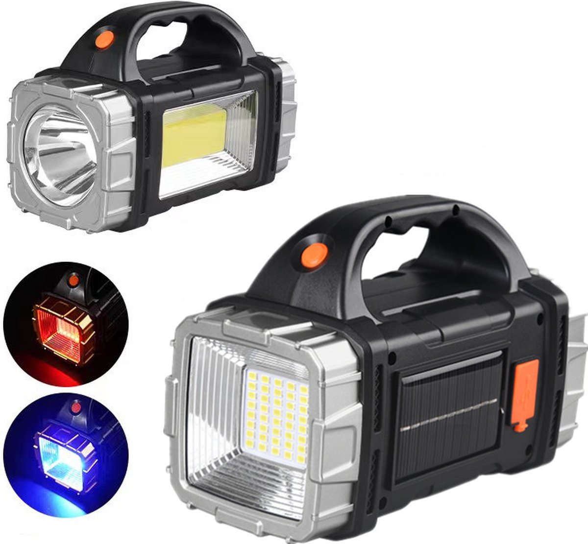 Multifunctionele LED zaklamp met Rood en Blauw Waarschuwingslicht- Perfect voor Outdoor Kamperen Wandelen - 1500mAh 100m Bereik Solar & USB Oplaadbaar-zwart/zilver
