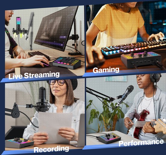 Collage van de Fifine SC-3 mixer in gebruik voor Live Streaming, Gaming, Recording en Performance.