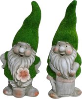 Figurine de nain de jardin - lot de 2 - Nain Okkie et Sammy - vert herbe - 32 cm - Polystone
