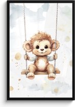 Poster in lijst - Fotolijst 60x90 cm - Posters - Aap - Dier - Kinderen - Babykamer - Kinderkamer - Posterlijst zwart - Kamer decoratie - Wanddecoratie kinderkamer - Muurdecoratie babykamer