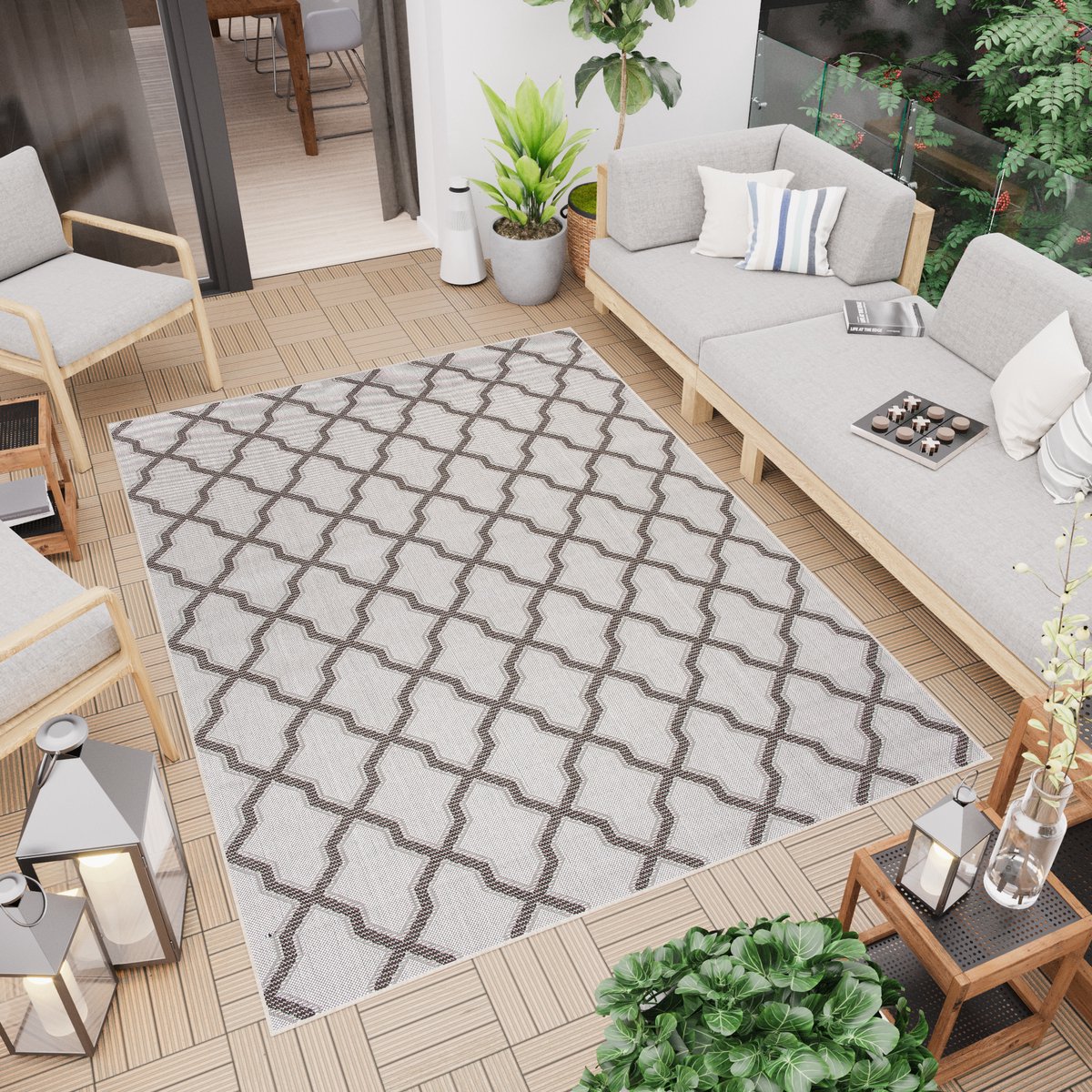 Tapiso Capri Vloerkleed Binnen Tuintapijt Indoor Outdoor Woonkamer Maat- 80x150 Grijs Beige