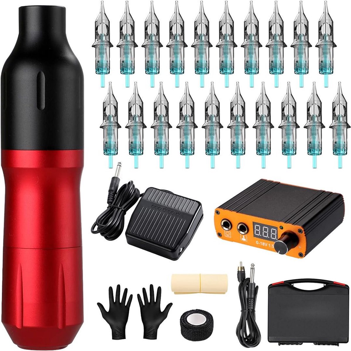 Hoge Kwaliteit Tattoo Machine met Accessoires - Tattoo Machines Draadloos - Tattoo Set Inclusief Inkt en Naalden - Tattoo Kit met Opbergkoffer - Voor Professionals en Beginners - Rood met Zwart