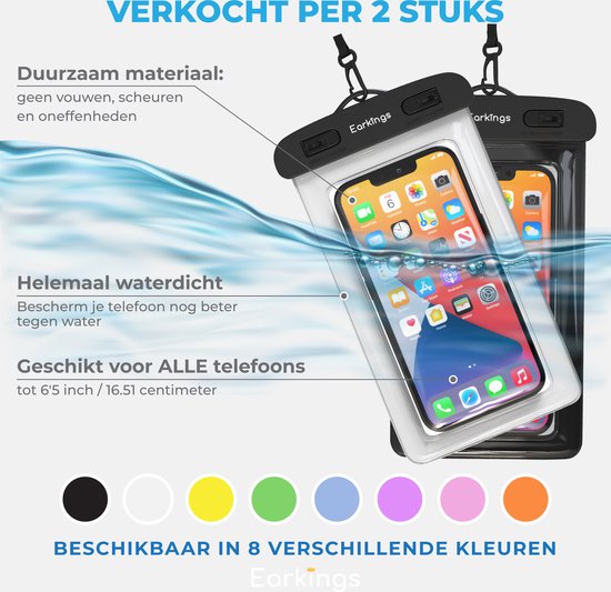 Twee witte waterdichte telefoonhoesjes van Earkings, één met telefoon erin, op blauwe achtergrond met water. Achterkant toont kleuropties.