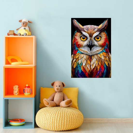 Vitrail Hibou - Peintures sur toile Glas- Peinture oiseau - Décoration murale rurale - Peintures sur toile - Accessoires de bureau - 40 x 60 cm 18mm