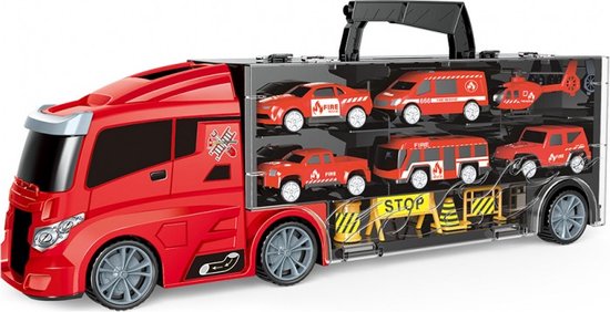 Speelgoed Brandweerauto Truck - Tachan - Met 5 Brandweerwagens, Helicopter en Verkeersborden - Draagbaar - Brandweer Speelset