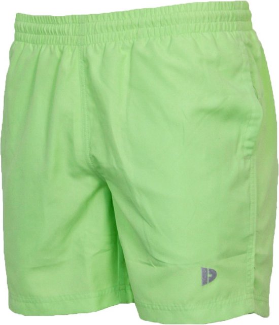 Short de bain vert citron avec taille élastique, cordon de serrage et logo sur la jambe droite.