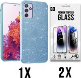 Casemania Hoesje Geschikt voor Samsung Galaxy A35 - Blauw - 2X Glazen Screenprotector - Glitter Back Cover