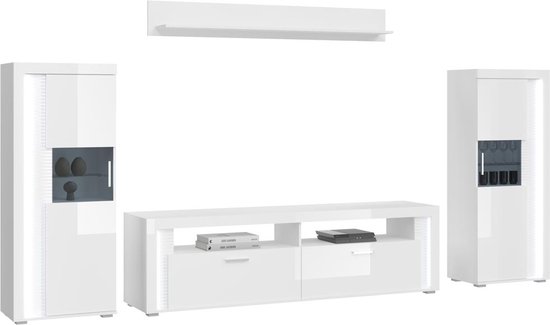 Skylight wandkast systeem 4 delen met licht hoog glans wit, wit, glas grijs.