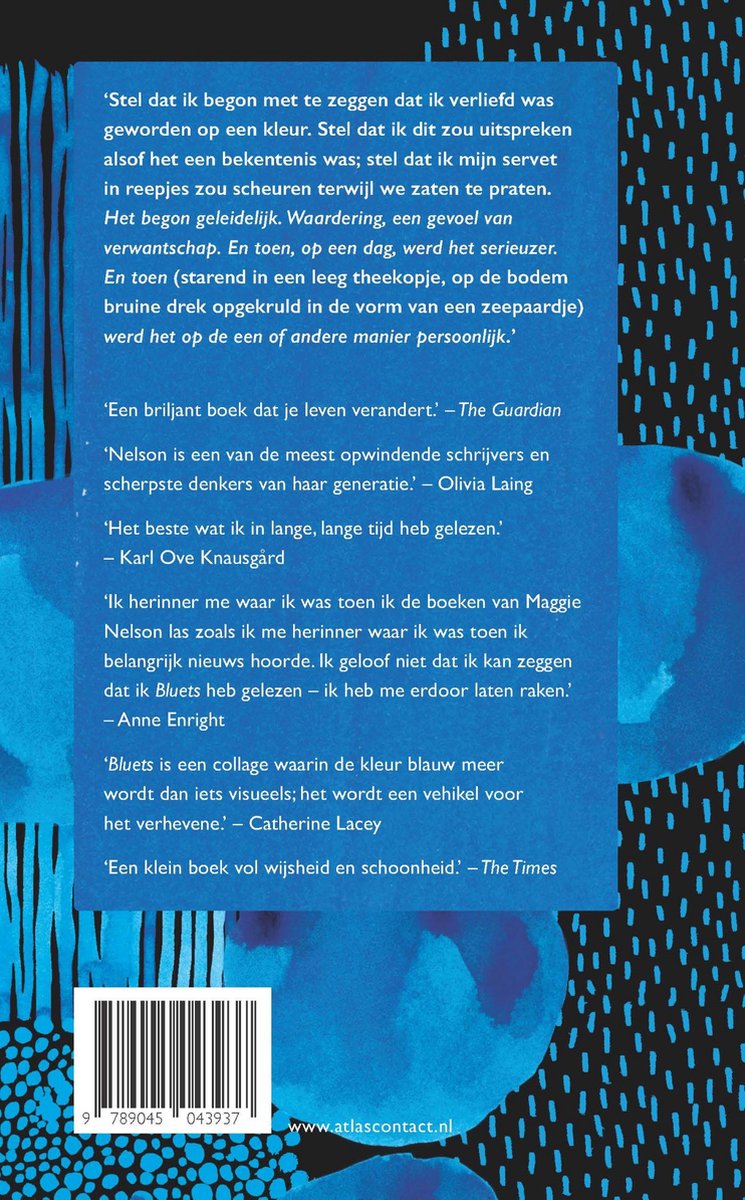 Boekomslag met blauwe en zwarte patronen, met tekst van recensies.
