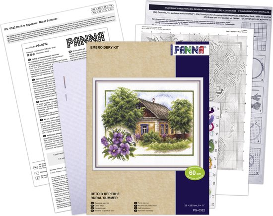 Panna kruissteekpakket 'Rural Summer' PS-0322 met afbeelding van een huisje en bomen, en de afmetingen 23 x 26,5 cm.