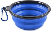 Siliconen Opvouwbare Drinkbak / Voerbak / Reisbak - 13 x 5,5 cm - 450 ml - Blauw - Met Karabijnhaak