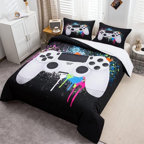 Gamepad Dekbedovertrekset voor jongens, jongens, gamer-beddengoedset, 135 x 200 cm, wit, videospel, gamepad, beddenset voor jongeren, kinderen, slaapkamer, decoratie, kleurrijke stropdaskleur,