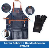 Leren Schort 56 x 81 cm - Barbecue Schort met Handschoenen - Zwart - BBQ Accessoires - Lederen Handschoenen met Schort