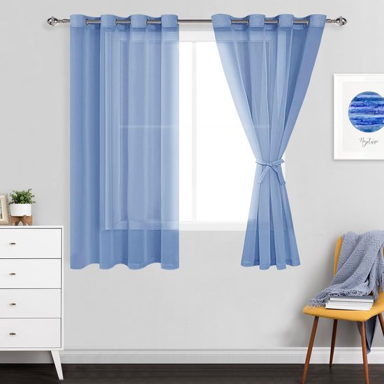 Sheer Voile gordijnen, semi-transparant, voor woonkamer, slaapkamer, set van 2, 158 x 132 cm (h x b), stofblauw