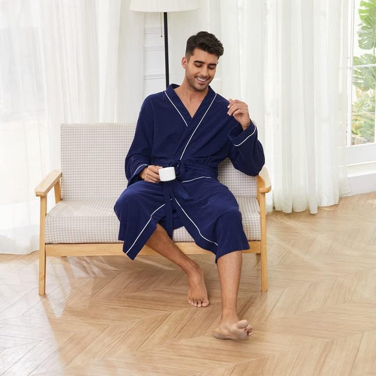 LEVERIE Elegante en knuffelzachte badjas (Made in EU) saunamantel voor heren met elegante reverskraag en ceintuur, M