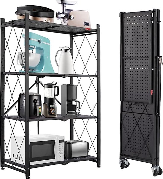 iBright Inklapbare stellingkast - Opbergrek - Wandkast - Keuken Organizer - 4 planken - Met 360° wielen - Zwart - Roestvrij Staal