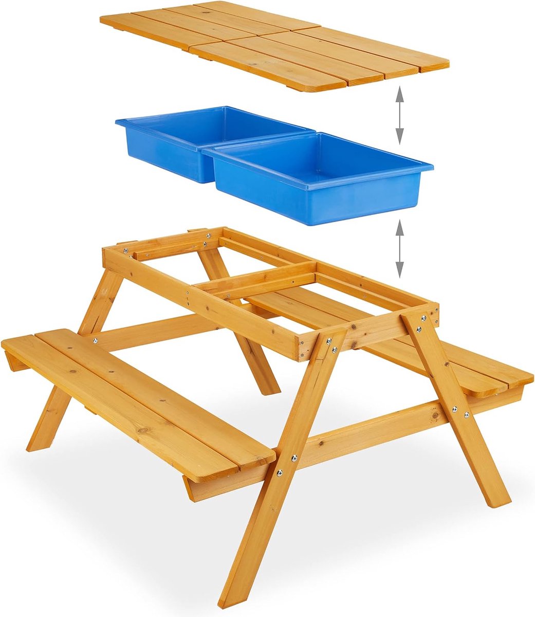 Relaxdays kinderpicknicktafel met parasol, houten kindertafel met bankjes, zand- en watertafel, voor buiten, naturel