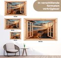 Drie tuinposters met houten raam: strand met duinen bij zonsondergang. Maten 120x80, 90x60, 60x40 en 180x120 cm.