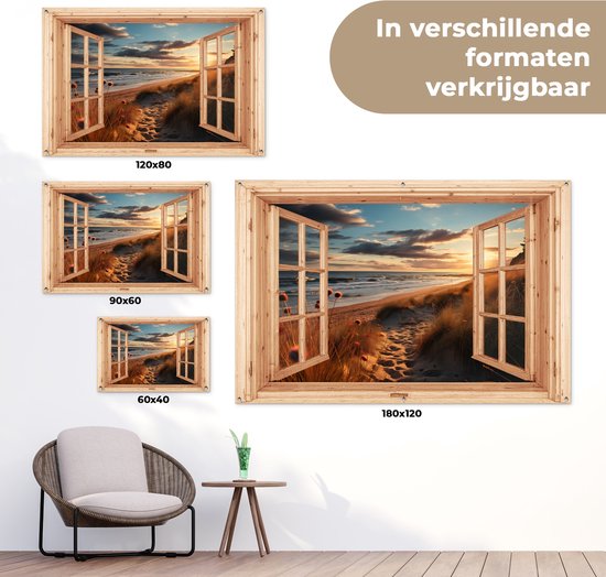 Drie tuinposters met houten raam: strand met duinen bij zonsondergang. Maten 120x80, 90x60, 60x40 en 180x120 cm.