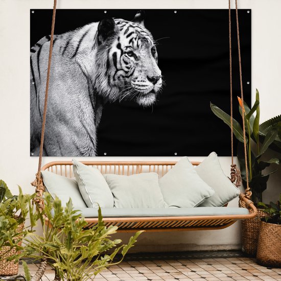 Tigre blanc de Sibérie sur fond noir affiche de jardin toile en vrac 180x120 cm - Toile de jardin / Toile d'extérieur / Peintures d'extérieur (décoration de jardin) XXL / Groot format!