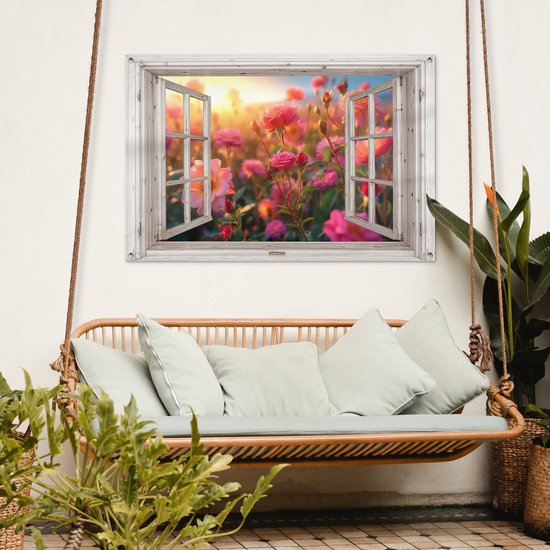 Tuinposter doorkijk bloemen - Wit raam - Tuindecoratie roze rozen - 120x80 cm - Poster voor in de tuin - Buiten decoratie - Schutting tuinschilderij - Tuindoek muurdecoratie - Wanddecoratie balkondoek