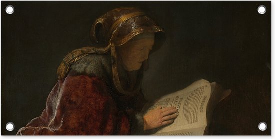Tuinposter Oude lezende vrouw waarschijnlijk de profetes Hanna - Rembrandt van Rijn - 60x30 cm - Tuindoek - Buitenposter