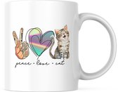 Cat Lover Mok met tekst: Peace - Love - Cat | Katten Liefhebber | Katten Spreuk | Cadeau | Grappige mok | Koffiemok | Koffiebeker | Theemok | Theebeker