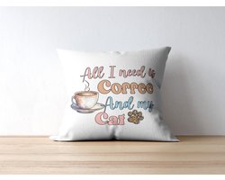Sierkussen Koffie en Kattenliefhebber, 'All I need is Coffee And my Cat' Kussen, Decoratief Kussen voor Kattenmoeder, Huisdecoratie Cadeau