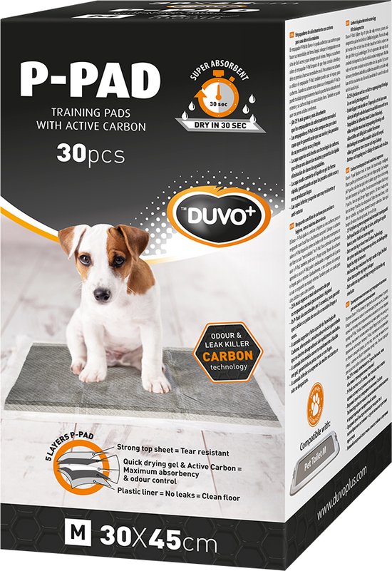 Verpakking van P-PAD training pads met actieve kool, 30 stuks, 30x45cm. Jack Russell pup op de verpakking.