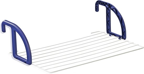 Wit droogrek met blauwe ophanghaken, speciaal voor balkons.