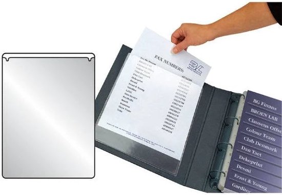Duidelijke insteekhoes A5 met bovenrand en inkepingen, naast een open ringband met documenten.