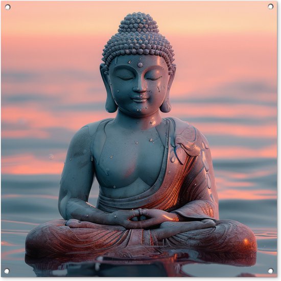 Tuinposter 100x100 cm - Tuindecoratie Boeddha - Beeld - Buddha - Water - Kunst - Boedha - Poster voor in de tuin - Buiten decoratie - Schutting tuinschilderij - Tuindoek muurdecoratie - Wanddecoratie balkondoek