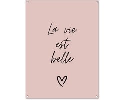 Tuinposter 90x120 cm - Tuindecoratie - Quote - La vie est belle - Roze - Tekst - Poster voor in de tuin - Buiten decoratie - Schutting tuinschilderij - Wanddecoratie